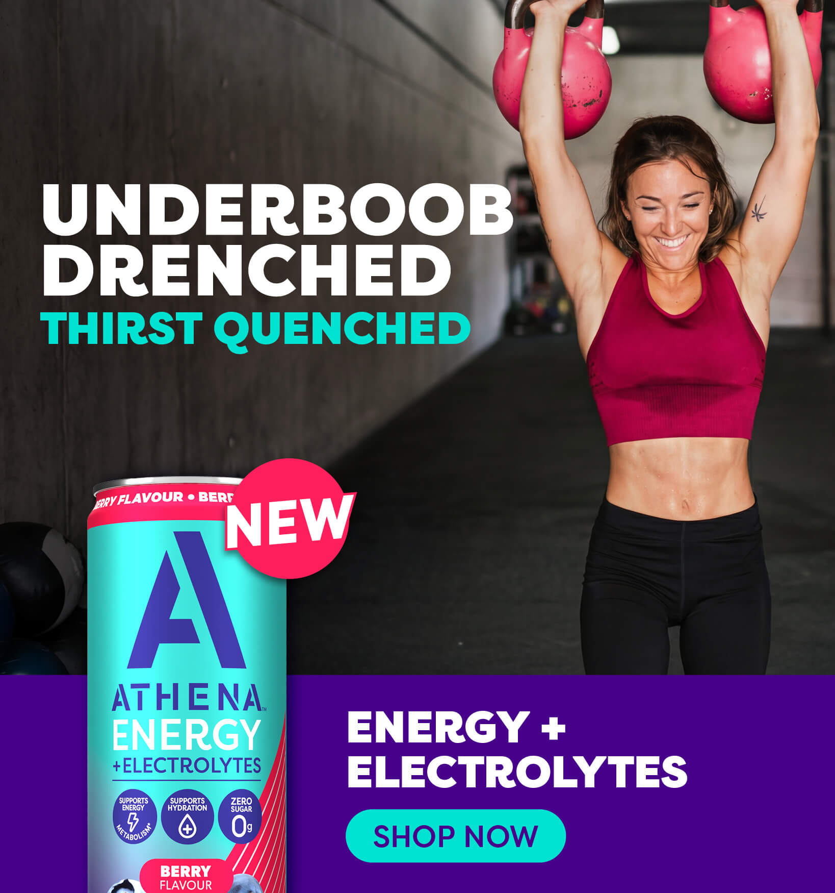 Woman lifting weights with Athena Energy drink mix can in foreground, gym setting