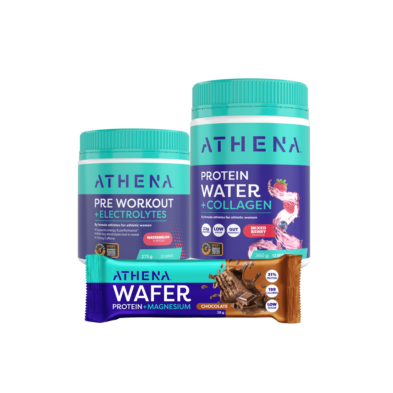 Athena pre workout, protein water and wafer protein