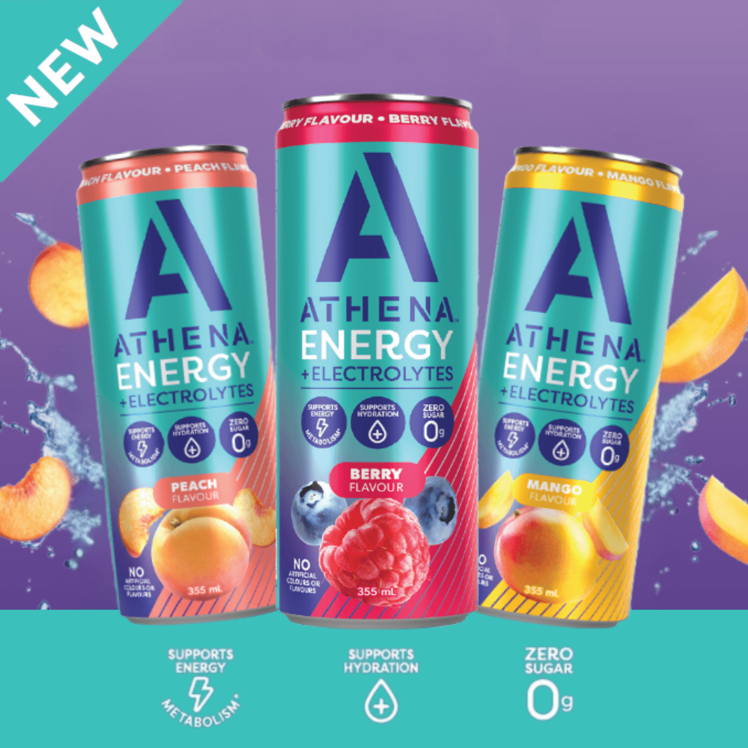Three cans of Athena Energy drinks with different flavors on a colorful background
